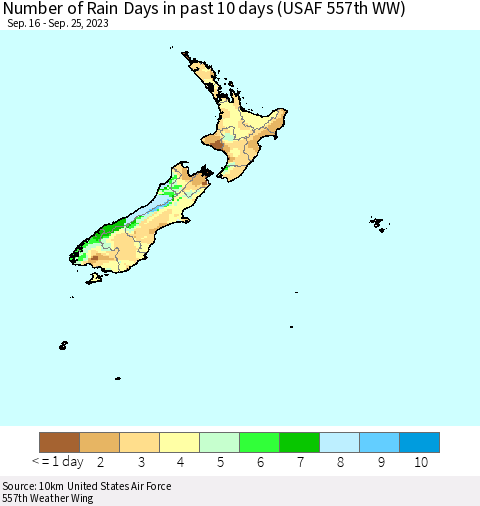 New Zealand Number of Rain Days in past 10 days (USAF 557th WW) Thematic Map For 9/21/2023 - 9/25/2023