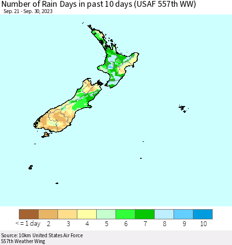 New Zealand Number of Rain Days in past 10 days (USAF 557th WW) Thematic Map For 9/26/2023 - 9/30/2023