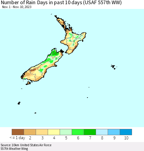 New Zealand Number of Rain Days in past 10 days (USAF 557th WW) Thematic Map For 11/6/2023 - 11/10/2023