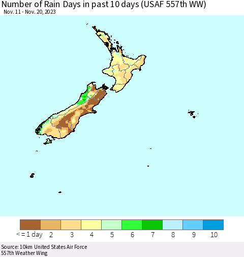 New Zealand Number of Rain Days in past 10 days (USAF 557th WW) Thematic Map For 11/16/2023 - 11/20/2023