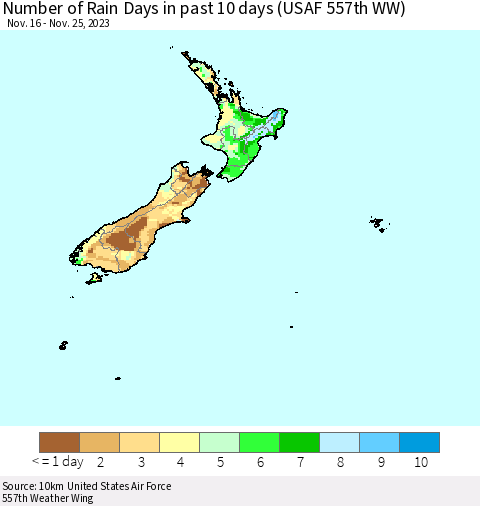 New Zealand Number of Rain Days in past 10 days (USAF 557th WW) Thematic Map For 11/21/2023 - 11/25/2023