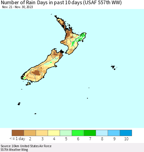 New Zealand Number of Rain Days in past 10 days (USAF 557th WW) Thematic Map For 11/26/2023 - 11/30/2023