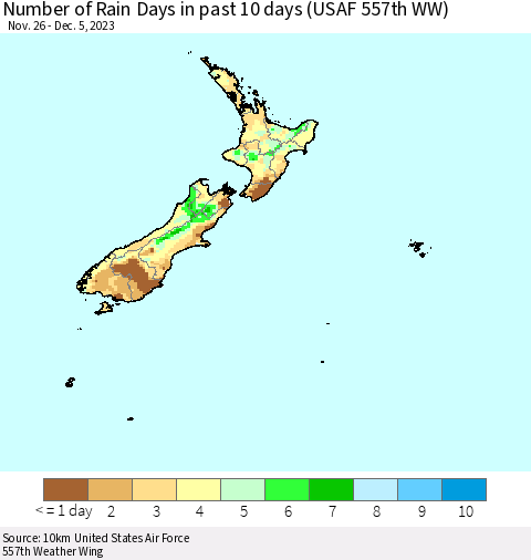 New Zealand Number of Rain Days in past 10 days (USAF 557th WW) Thematic Map For 12/1/2023 - 12/5/2023