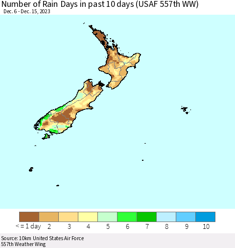 New Zealand Number of Rain Days in past 10 days (USAF 557th WW) Thematic Map For 12/11/2023 - 12/15/2023