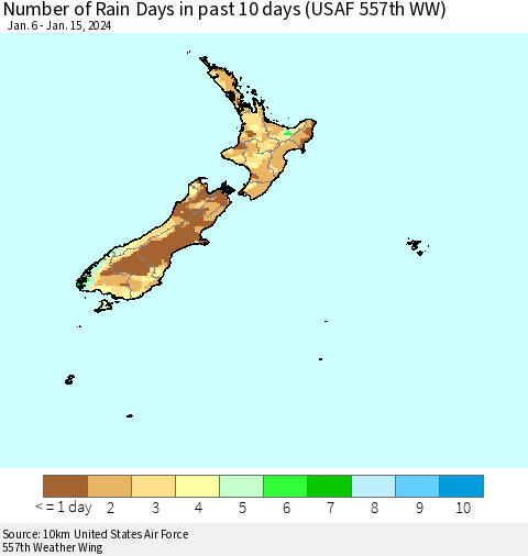 New Zealand Number of Rain Days in past 10 days (USAF 557th WW) Thematic Map For 1/11/2024 - 1/15/2024