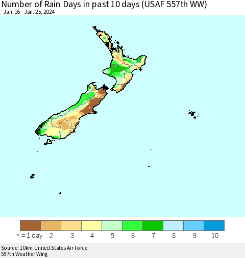 New Zealand Number of Rain Days in past 10 days (USAF 557th WW) Thematic Map For 1/21/2024 - 1/25/2024