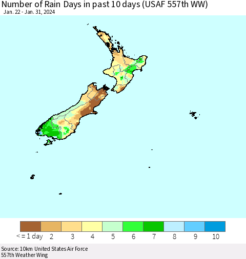 New Zealand Number of Rain Days in past 10 days (USAF 557th WW) Thematic Map For 1/26/2024 - 1/31/2024