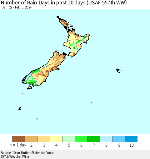 New Zealand Number of Rain Days in past 10 days (USAF 557th WW) Thematic Map For 2/1/2024 - 2/5/2024
