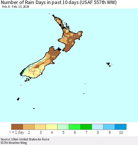 New Zealand Number of Rain Days in past 10 days (USAF 557th WW) Thematic Map For 2/11/2024 - 2/15/2024