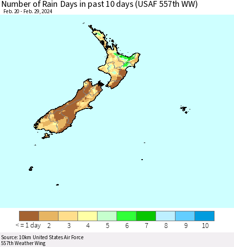 New Zealand Number of Rain Days in past 10 days (USAF 557th WW) Thematic Map For 2/26/2024 - 2/29/2024