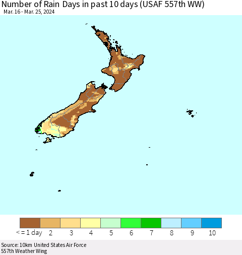 New Zealand Number of Rain Days in past 10 days (USAF 557th WW) Thematic Map For 3/21/2024 - 3/25/2024