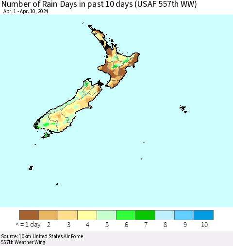 New Zealand Number of Rain Days in past 10 days (USAF 557th WW) Thematic Map For 4/6/2024 - 4/10/2024
