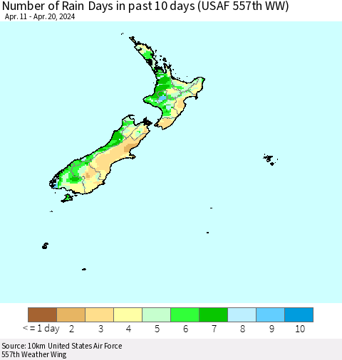 New Zealand Number of Rain Days in past 10 days (USAF 557th WW) Thematic Map For 4/16/2024 - 4/20/2024