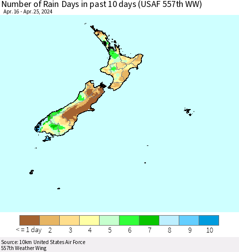 New Zealand Number of Rain Days in past 10 days (USAF 557th WW) Thematic Map For 4/21/2024 - 4/25/2024