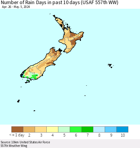 New Zealand Number of Rain Days in past 10 days (USAF 557th WW) Thematic Map For 5/1/2024 - 5/5/2024