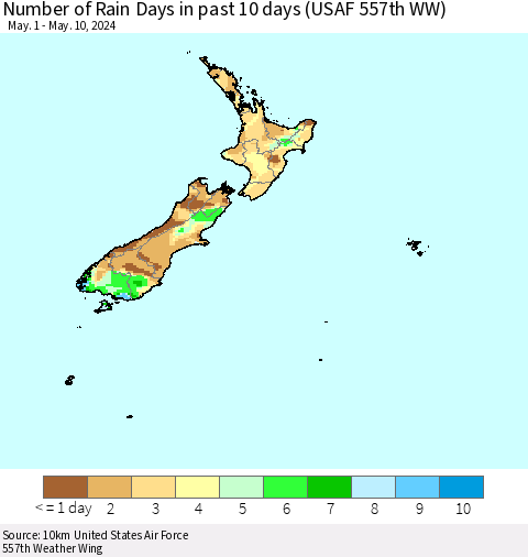 New Zealand Number of Rain Days in past 10 days (USAF 557th WW) Thematic Map For 5/6/2024 - 5/10/2024