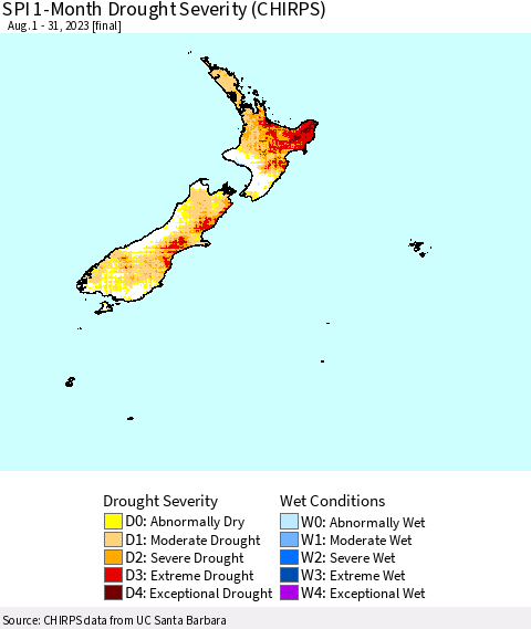 New Zealand SPI 1-Month Drought Severity (CHIRPS) Thematic Map For 8/1/2023 - 8/31/2023