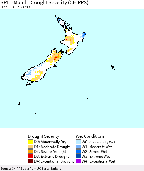 New Zealand SPI 1-Month Drought Severity (CHIRPS) Thematic Map For 10/1/2023 - 10/31/2023