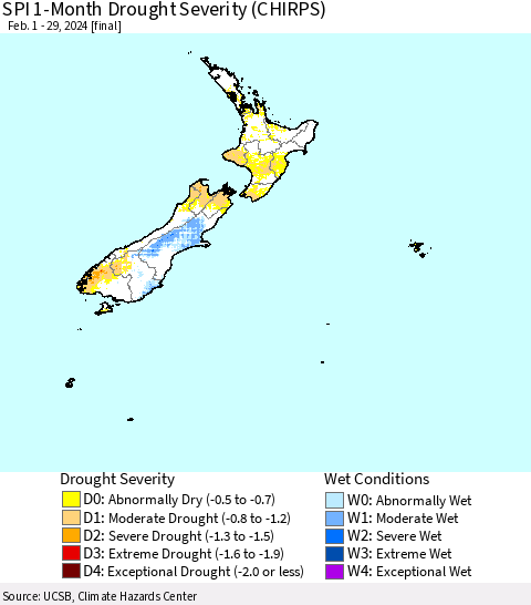 New Zealand SPI 1-Month Drought Severity (CHIRPS) Thematic Map For 2/1/2024 - 2/29/2024