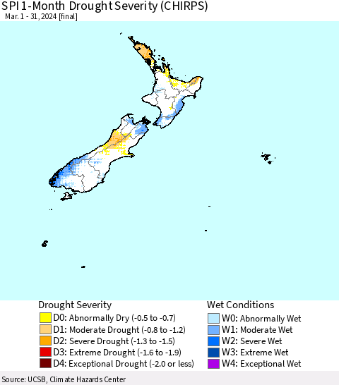 New Zealand SPI 1-Month Drought Severity (CHIRPS) Thematic Map For 3/1/2024 - 3/31/2024