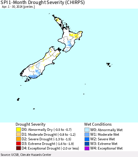 New Zealand SPI 1-Month Drought Severity (CHIRPS) Thematic Map For 4/1/2024 - 4/30/2024