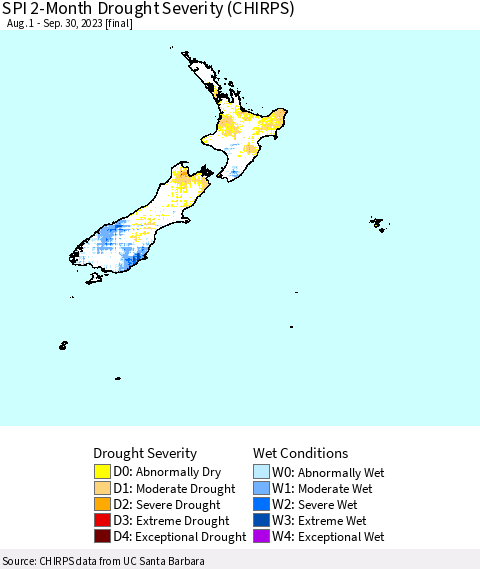 New Zealand SPI 2-Month Drought Severity (CHIRPS) Thematic Map For 8/1/2023 - 9/30/2023