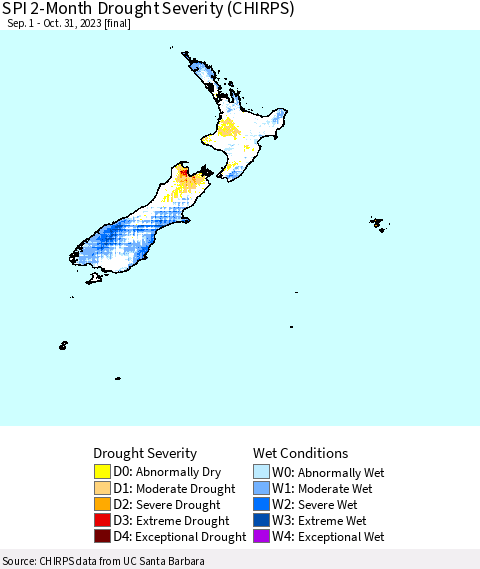 New Zealand SPI 2-Month Drought Severity (CHIRPS) Thematic Map For 9/1/2023 - 10/31/2023