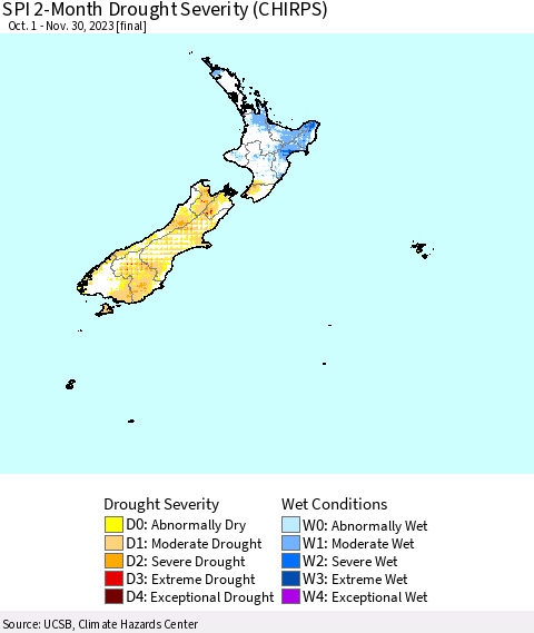 New Zealand SPI 2-Month Drought Severity (CHIRPS) Thematic Map For 10/1/2023 - 11/30/2023