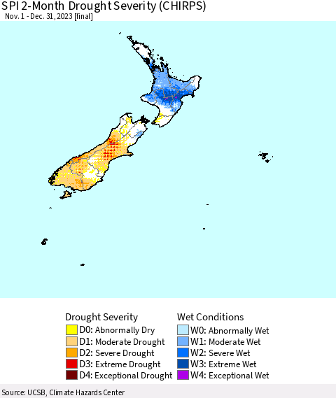 New Zealand SPI 2-Month Drought Severity (CHIRPS) Thematic Map For 11/1/2023 - 12/31/2023