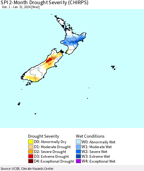 New Zealand SPI 2-Month Drought Severity (CHIRPS) Thematic Map For 12/1/2023 - 1/31/2024