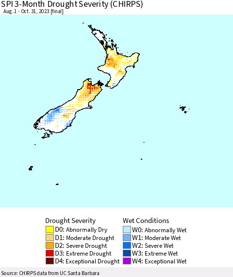New Zealand SPI 3-Month Drought Severity (CHIRPS) Thematic Map For 8/1/2023 - 10/31/2023