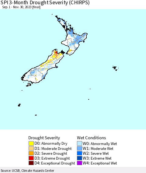 New Zealand SPI 3-Month Drought Severity (CHIRPS) Thematic Map For 9/1/2023 - 11/30/2023