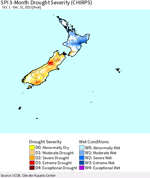 New Zealand SPI 3-Month Drought Severity (CHIRPS) Thematic Map For 10/1/2023 - 12/31/2023