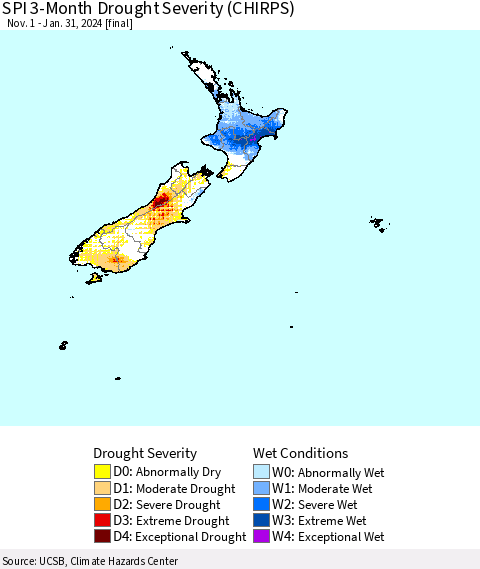 New Zealand SPI 3-Month Drought Severity (CHIRPS) Thematic Map For 11/1/2023 - 1/31/2024