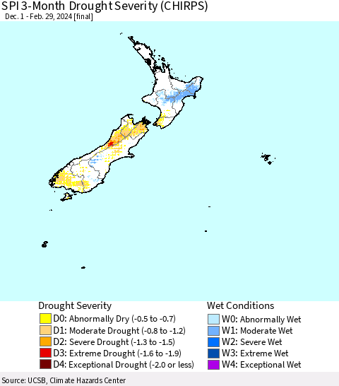 New Zealand SPI 3-Month Drought Severity (CHIRPS) Thematic Map For 12/1/2023 - 2/29/2024
