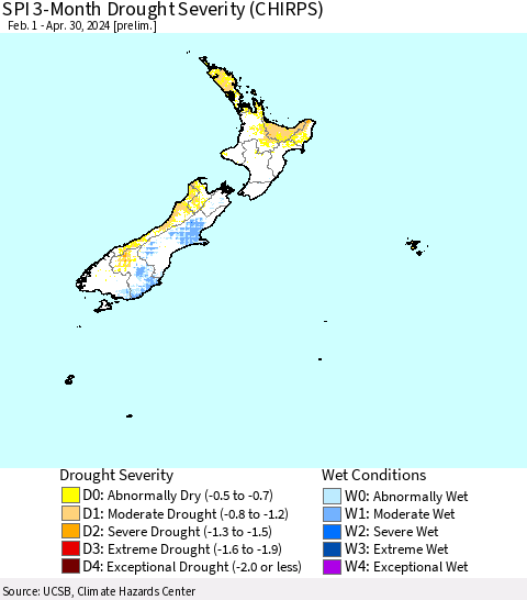 New Zealand SPI 3-Month Drought Severity (CHIRPS) Thematic Map For 2/1/2024 - 4/30/2024