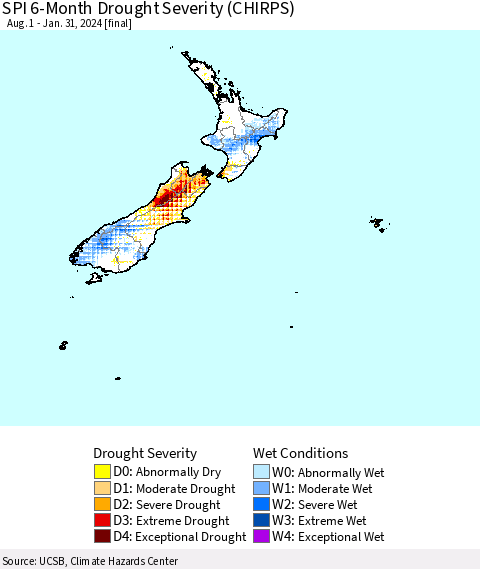 New Zealand SPI 6-Month Drought Severity (CHIRPS) Thematic Map For 8/1/2023 - 1/31/2024