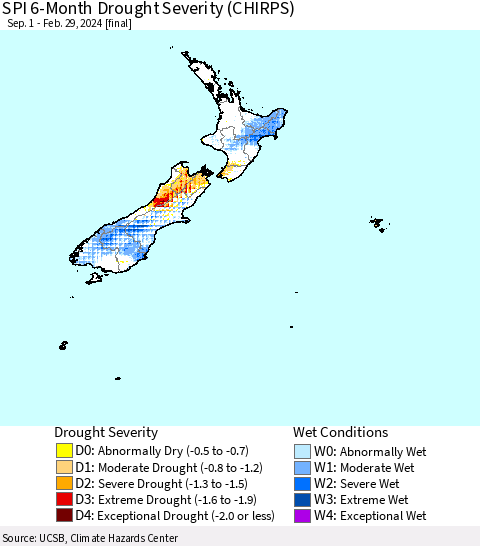 New Zealand SPI 6-Month Drought Severity (CHIRPS) Thematic Map For 9/1/2023 - 2/29/2024