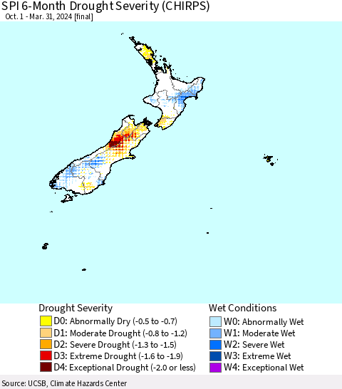 New Zealand SPI 6-Month Drought Severity (CHIRPS) Thematic Map For 10/1/2023 - 3/31/2024