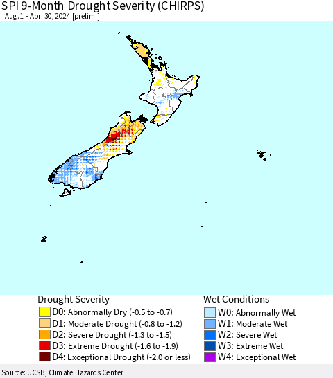 New Zealand SPI 9-Month Drought Severity (CHIRPS) Thematic Map For 8/1/2023 - 4/30/2024