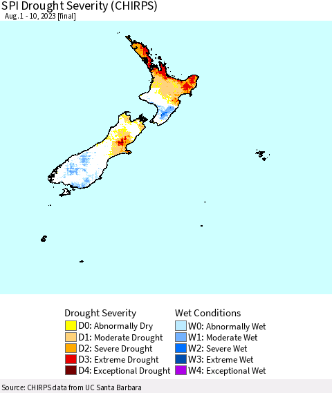 New Zealand SPI Drought Severity (CHIRPS) Thematic Map For 8/1/2023 - 8/10/2023