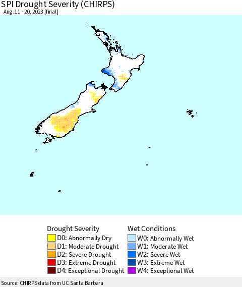 New Zealand SPI Drought Severity (CHIRPS) Thematic Map For 8/11/2023 - 8/20/2023