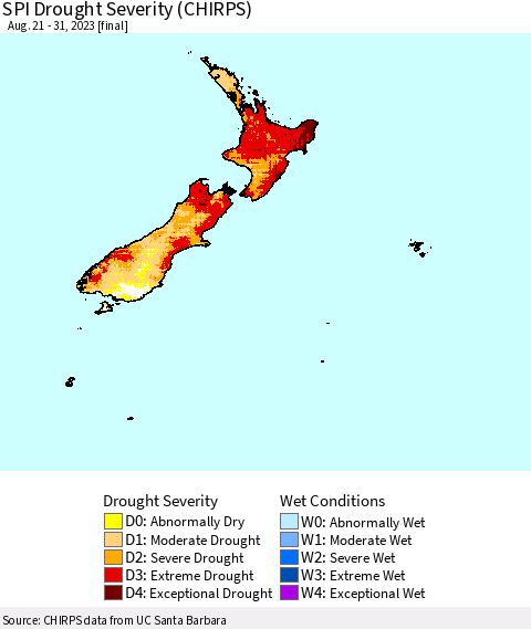 New Zealand SPI Drought Severity (CHIRPS) Thematic Map For 8/21/2023 - 8/31/2023