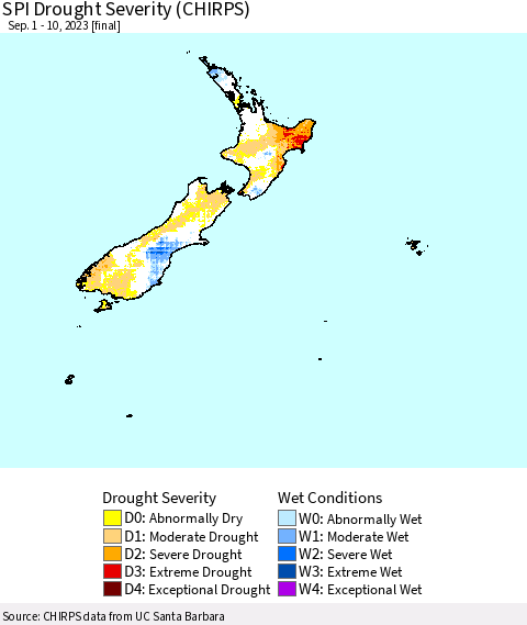 New Zealand SPI Drought Severity (CHIRPS) Thematic Map For 9/1/2023 - 9/10/2023
