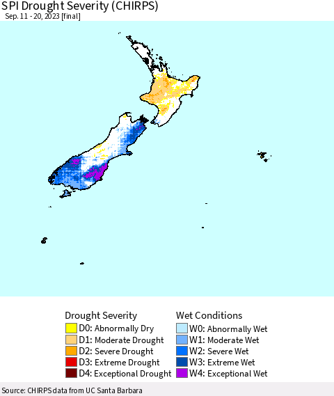 New Zealand SPI Drought Severity (CHIRPS) Thematic Map For 9/11/2023 - 9/20/2023