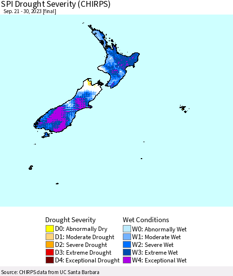 New Zealand SPI Drought Severity (CHIRPS) Thematic Map For 9/21/2023 - 9/30/2023