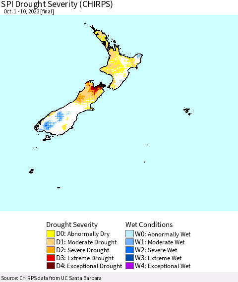 New Zealand SPI Drought Severity (CHIRPS) Thematic Map For 10/1/2023 - 10/10/2023
