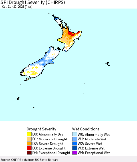 New Zealand SPI Drought Severity (CHIRPS) Thematic Map For 10/11/2023 - 10/20/2023