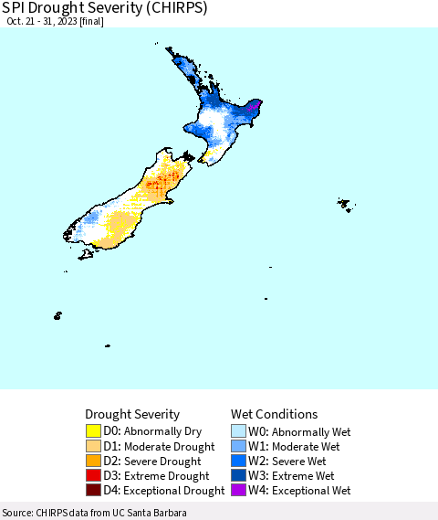 New Zealand SPI Drought Severity (CHIRPS) Thematic Map For 10/21/2023 - 10/31/2023