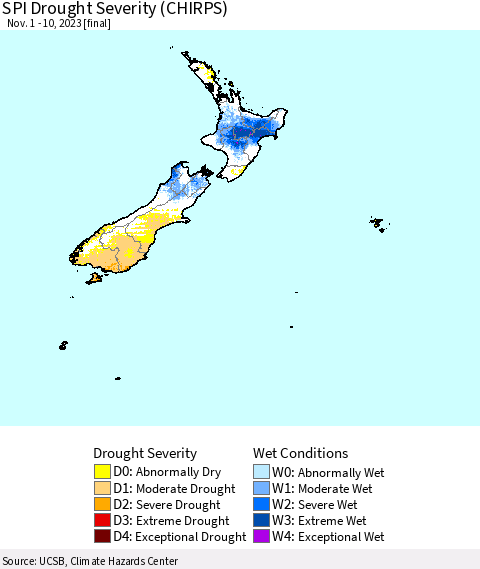 New Zealand SPI Drought Severity (CHIRPS) Thematic Map For 11/1/2023 - 11/10/2023